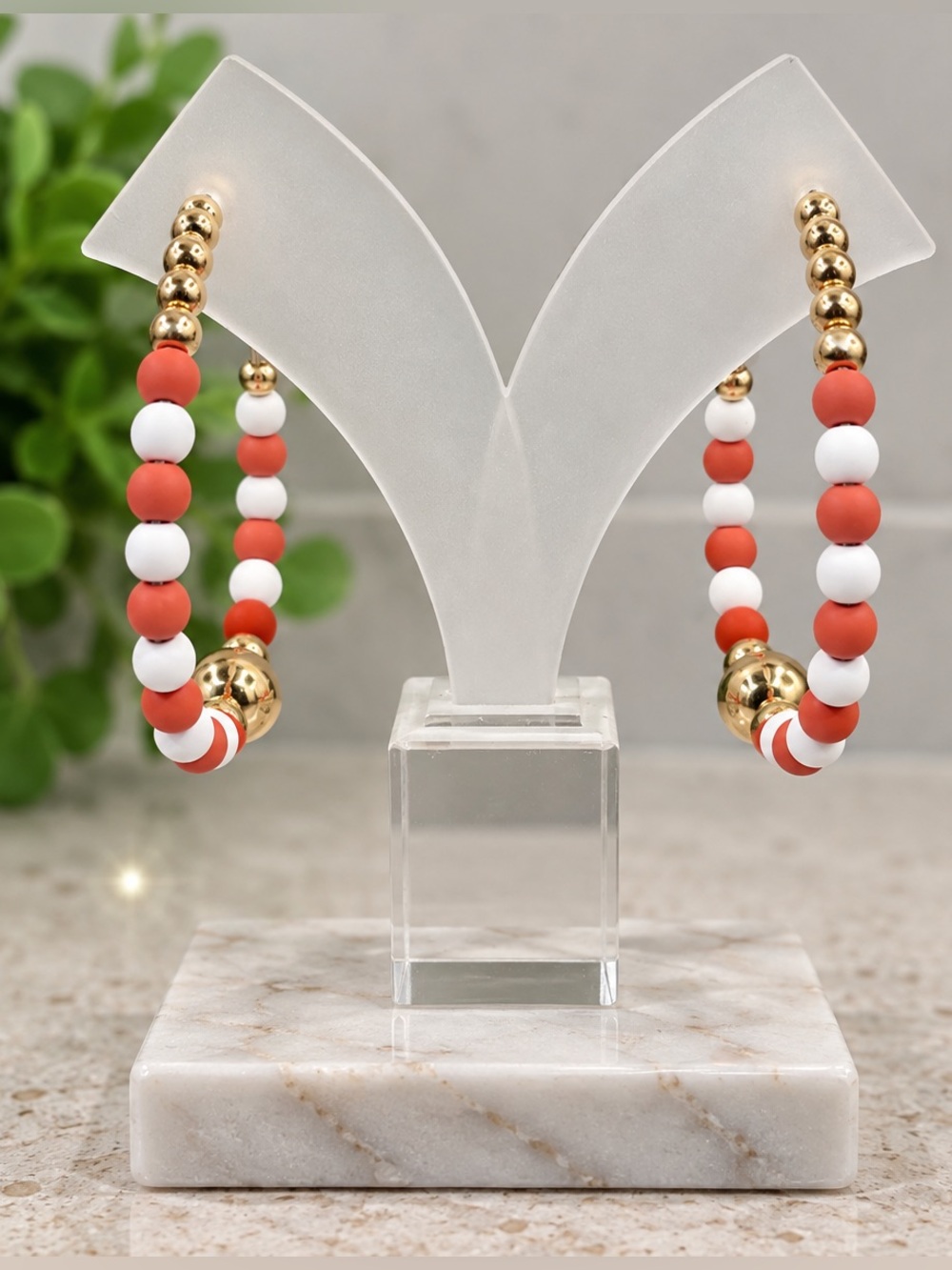 6/$25 - Pomina Coral & White Beaded Gold-Tone Hoop Earrings (BR777/2)